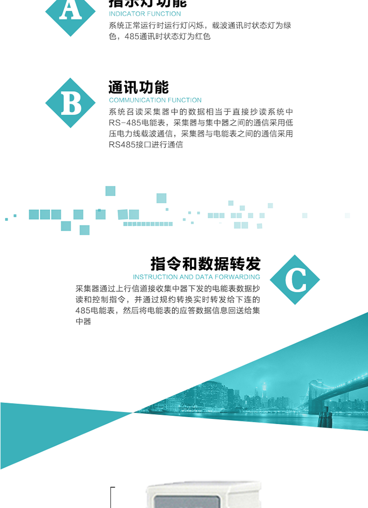 功能及特點(diǎn)：
1、 通訊功能，系統(tǒng)召讀采集器中的數(shù)據(jù)相當(dāng)于直接抄讀系統(tǒng)中RS-485電能表，采集器與集中器之間的通信采用低壓電力線(xiàn)載波通信，采集器與電能表之間的通信采用RS485接口進(jìn)行通信
2、 指令和數(shù)據(jù)轉(zhuǎn)發(fā)功能，采集器通過(guò)上行信道接收集中器下發(fā)的電能表數(shù)據(jù)抄讀和控制指令，并通過(guò)規(guī)約轉(zhuǎn)換實(shí)時(shí)轉(zhuǎn)發(fā)給下連的485電能表，然后將電能表的應(yīng)答數(shù)據(jù)信息回送給集中器。
3、 指示燈功能，系統(tǒng)正常運(yùn)行時(shí)運(yùn)行燈閃爍，載波通訊時(shí)狀態(tài)燈為綠色，485通訊時(shí)狀態(tài)燈為紅色